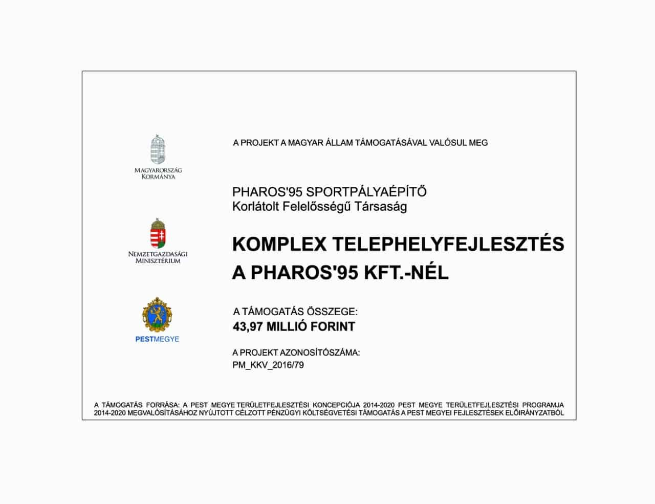 Támogatási tábla: Komplex telephelyfejlesztés a Pharos’95 Kft.-nél, a támogatás összege 43,97 millió forint